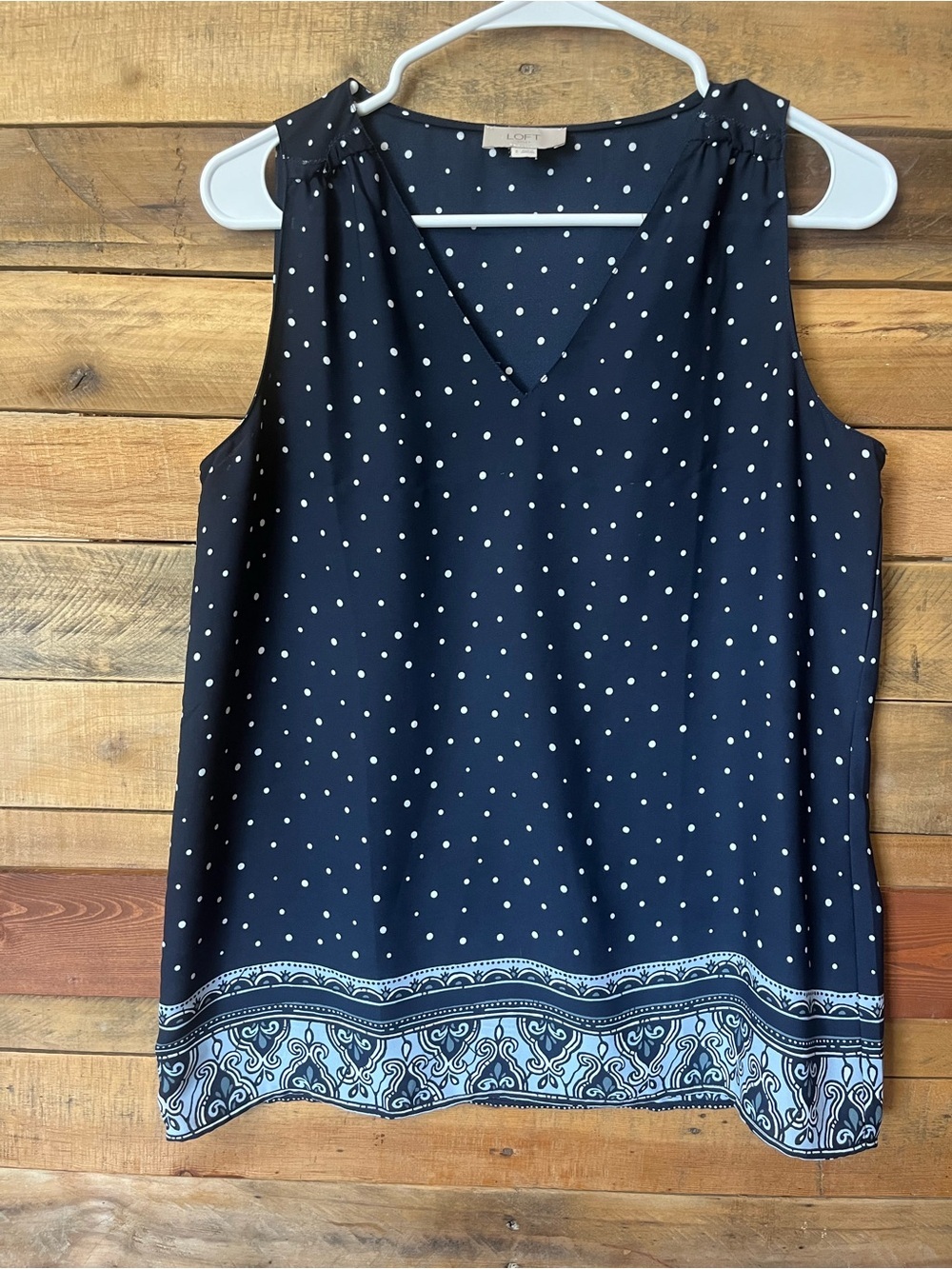 LOFT Navy Polka Dot Sleeveless V-Neck Tank with Printed Hem